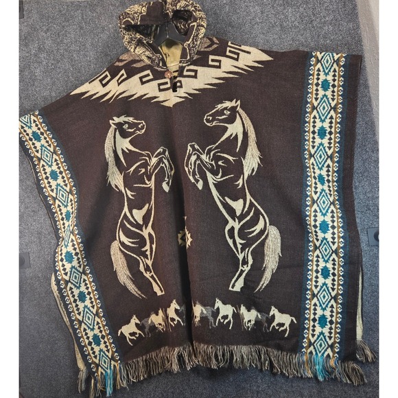 Southwestern Horse Hooded Poncho Blanket Shawl Fringe Cape Western Aztec Boho - Picture 5 of 16